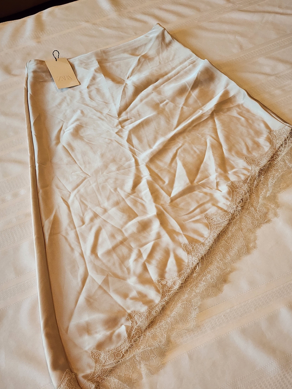 Zara Asymmetrical Lace-Trim Midi Skirt in Light Beige